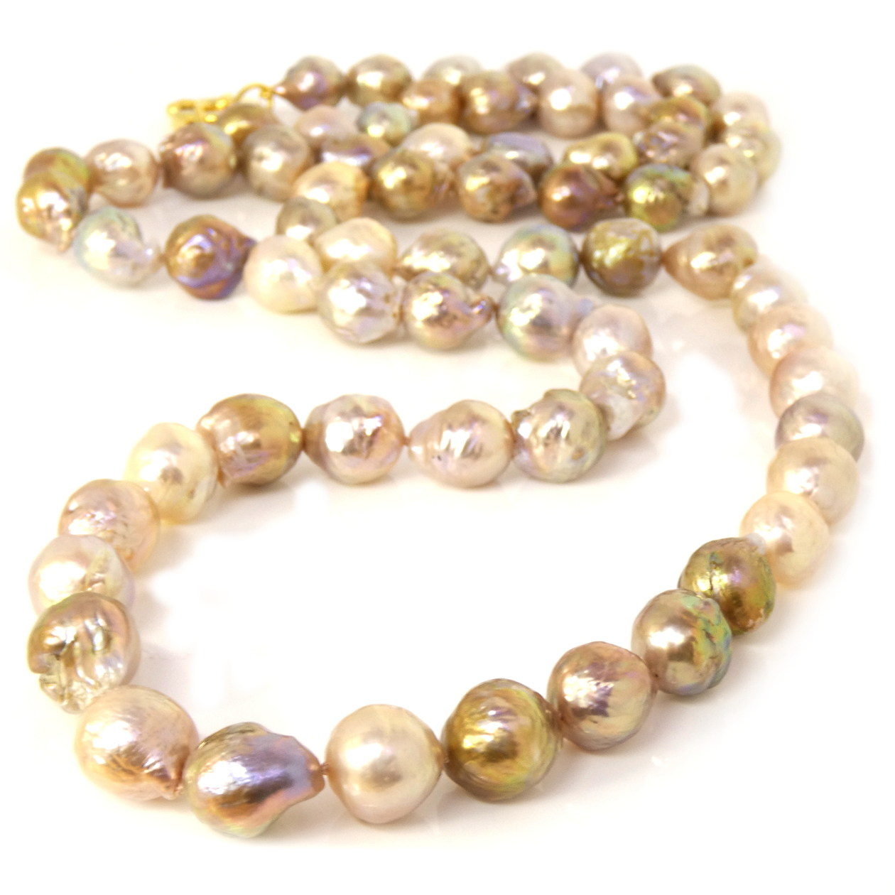 Gold and Pink Long Ripple Pearls Necklace